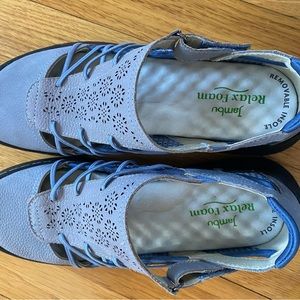 Ladies Jambu Relax Foam dressy sandal in pastel blue leather.